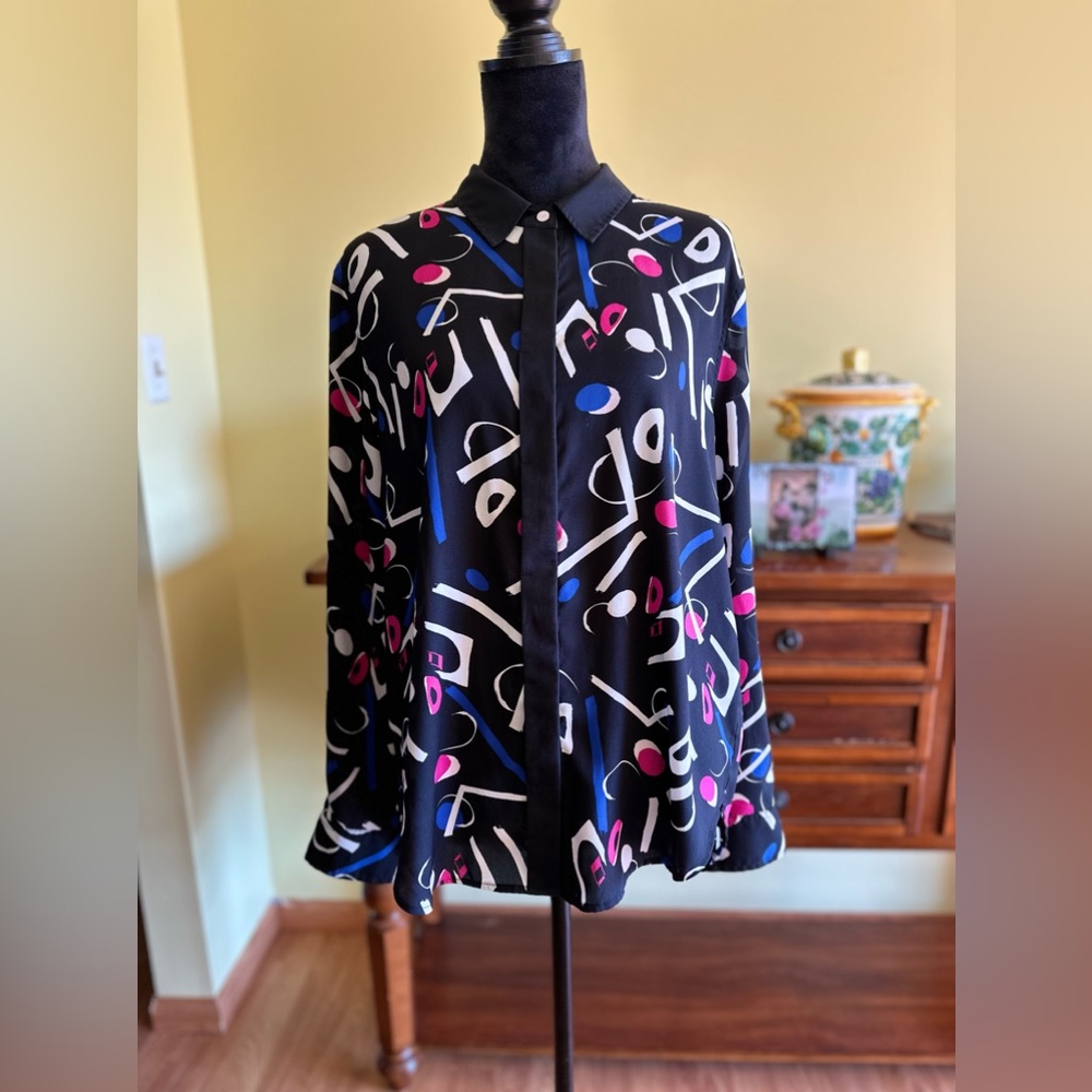 DKNY, Size Large, Color-Pink, White, Blue, Black, Blouse, Buttons are Hidden.